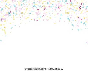 Memphis style geometric confetti vector background with triangle, circle, square shapes, chevron and wavy line ribbons. Digital 90s style bauhaus pink blue yellow decor confetti flying on white.