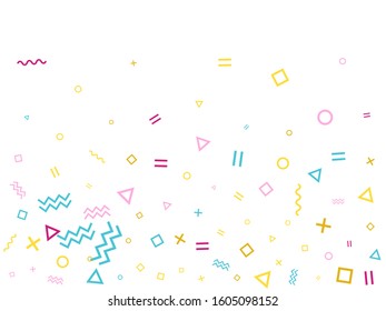 Memphis style geometric confetti vector background with triangle, circle, square shapes, chevron and wavy line ribbons. Digital 80s style bauhaus pink cyan yellow party confetti falling on white.