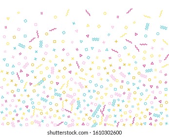 Memphis style geometric confetti vector background with triangle, circle, square shapes, zigzag and wavy line ribbons. Fancy 80s style memphis magenta blue yellow party confetti falling on white.