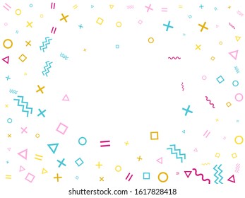 Memphis style geometric confetti vector background with triangle, circle, square shapes, zigzag and wavy line ribbons. Magic 90s style bauhaus magenta blue yellow party confetti falling on white.