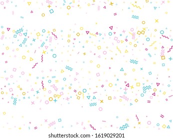 Memphis style geometric confetti vector background with triangle, circle, square shapes, chevron and wavy line ribbons. Hipster 90s style memphis crimson blue yellow confetti flying scatter on white.