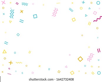 Memphis style geometric confetti vector background with triangle, circle, square shapes, zigzag and wavy line ribbons. Trendy 80s style bauhaus pink blue gold confetti flying scatter on white.