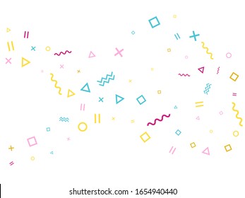 Fondo vectorial de confección geométrica de estilo Memphis con triángulo, círculo, formas cuadradas, zigzag y cintas de línea ondulada. El estilo minimalista de los años 90 se caracteriza por su decoración en tonos amarillos rosas y blancos.