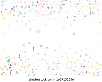Memphis style geometric confetti vector background with triangle, circle, square shapes, chevron and wavy line ribbons. Trendy 80s style bauhaus pink cyan gold party confetti falling on white.
