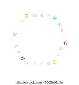 Memphis style geometric confetti vector background with triangle, circle, square shapes, chevron and wavy line ribbons. Digital 90s style memphis pink cyan yellow party confetti flying on white.