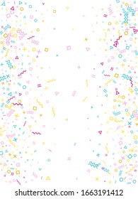 Memphis style geometric confetti vector background with triangle, circle, square shapes, zigzag and wavy line ribbons. Minimal 90s style memphis magenta blue yellow confetti falling scatter on white.