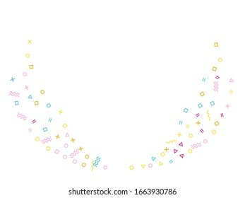 Memphis style geometric confetti vector background with triangle, circle, square shapes, chevron and wavy line ribbons. Magic 90s style memphis magenta blue yellow party confetti falling on white.