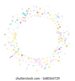 Fondo vectorial de confección geométrica de estilo Memphis con triángulo, círculo, formas cuadradas, cintas de línea chevron y ondulada. El estilo retro de los años 90 deja caer su confeti color dorado azul rosa sobre blanco.