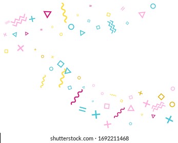 Memphis style geometric confetti vector background with triangle, circle, square shapes, zigzag and wavy line ribbons. Vintage 90s style bauhaus crimson blue yellow party confetti falling on white.