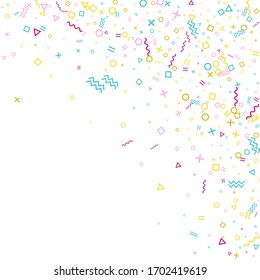 Memphis style geometric confetti vector background with triangle, circle, square shapes, chevron and wavy line ribbons. Minimal 80s style bauhaus pink cyan gold confetti falling scatter on white.