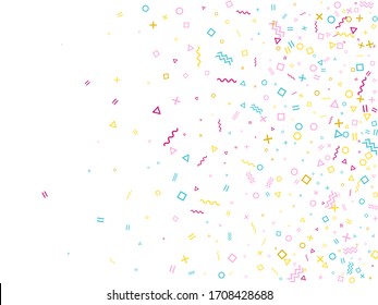 Memphis style geometric confetti vector background with triangle, circle, square shapes, chevron and wavy line ribbons. Digital 80s style bauhaus pink blue gold decor confetti flying on white.