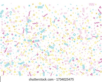 Memphis style geometric confetti vector background with triangle, circle, square shapes, chevron and wavy line ribbons. Retro 90s style memphis pink blue yellow confetti falling scatter on white.