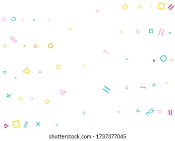 Memphis style geometric confetti vector background with triangle, circle, square shapes, zigzag and wavy line ribbons. Flat 80s style memphis pink blue yellow party confetti flying on white.