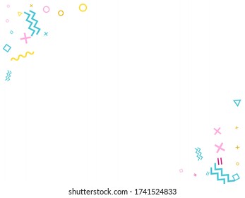 Memphis style geometric confetti vector background with triangle, circle, square shapes, chevron and wavy line ribbons. Hipster 90s style memphis magenta blue yellow decor confetti falling on white.