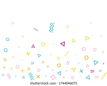 Estilo Memphis estilo confeti geométrico fondo vectorial con triángulo, círculo, formas cuadradas, zigzag y cintas de línea ondulada. El estilo retro de los años 90 hace que el confeti de decoración de color amarillo magenta caiga sobre el blanco.