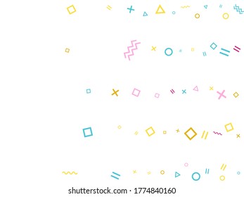 Memphis style geometric confetti vector background with triangle, circle, square shapes, chevron and wavy line ribbons. Minimal 80s style bauhaus crimson blue yellow decor confetti flying on white.