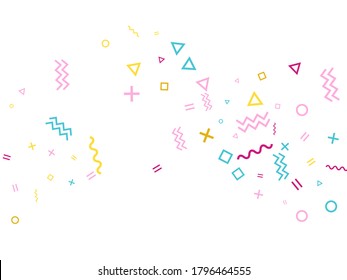 Geometrisches Konfetti-Vektorhintergrund im Memphis-Stil mit Dreieck, Kreis, quadratischen Formen, Chevron und gewellten Linienbändern. Tinsel 80er Bauhaus rosa blaue Goldparty Konfetti fliegen auf Weiß.