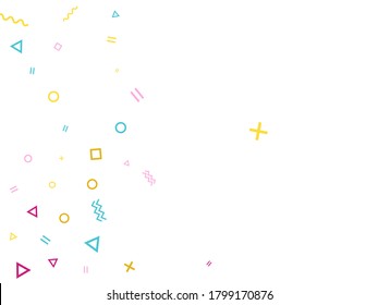 Memphis style geometric confetti vector background with triangle, circle, square shapes, chevron and wavy line ribbons. Magic 90s style memphis pink cyan gold decor confetti falling on white.