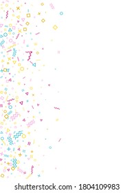 Geometrisches Konfetti-Vektorhintergrund im Memphis-Stil mit Dreieck, Kreis, quadratischen Formen, Zickzack und gewellten Linienbändern. Minimal 80er Jahre Stil Memphis rosa blaue Goldparty Konfetti fliegen auf Weiß.