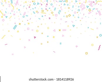 Memphis style geometric confetti vector background with triangle, circle, square shapes, zigzag and wavy line ribbons. Simple 80s style memphis pink cyan gold confetti flying scatter on white.