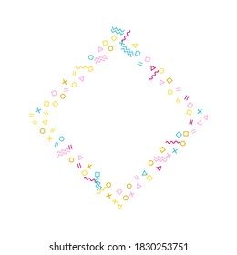 Memphis style geometric confetti vector background with triangle, circle, square shapes, zigzag and wavy line ribbons. Magic 80s style memphis pink cyan yellow party confetti falling on white.