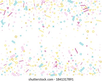 Geometrisches Konfetti-Vektorhintergrund im Memphis-Stil mit Dreieck, Kreis, quadratischen Formen, Zickzack und gewellten Linienbändern. Die im Stil der 80er Jahre entstandenen Konfetti sind in rosa türkisgelben Tönen gehalten, die auf Weiß fliegen.