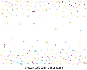 Estilo Memphis estilo confeti geométrico fondo vectorial con triángulo, círculo, formas cuadradas, zigzag y cintas de línea ondulada. Magia 90s estilo bauhaus color amarillo rosado de fiesta confetti volando sobre blanco.