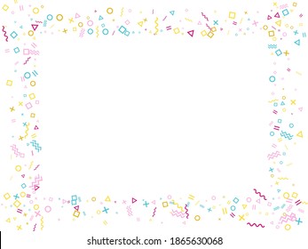 Memphis style geometric confetti vector background with triangle, circle, square shapes, chevron and wavy line ribbons. Hipster 90s style bauhaus pink blue gold decor confetti flying on white.