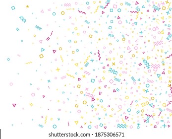 Memphis style geometric confetti vector background with triangle, circle, square shapes, chevron and wavy line ribbons. Festive 90s style memphis magenta blue yellow decor confetti flying on white.