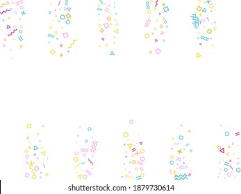 Memphis style geometric confetti vector background with triangle, circle, square shapes, zigzag and wavy line ribbons. Modern 90s style memphis pink cyan gold decor confetti flying on white.