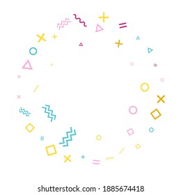 Memphis style geometric confetti vector background with triangle, circle, square shapes, chevron and wavy line ribbons. Hipster 90s style memphis pink cyan yellow confetti flying scatter on white.
