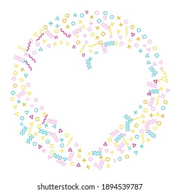 Memphis style geometric confetti vector heart shape with triangle, circle, square shapes, zigzag and wavy line ribbons. Retro 90s style memphis pink blue gold party confetti flying on white.