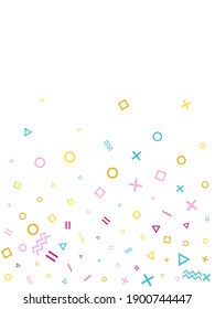 Memphis style geometric confetti vector background with triangle, circle, square shapes, chevron and wavy line ribbons. Magic 90s style memphis pink cyan yellow confetti falling scatter on white.