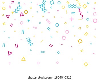 Memphis style geometric confetti vector background with triangle, circle, square shapes, zigzag and wavy line ribbons. Hipster 90s style bauhaus pink cyan yellow decor confetti falling on white.