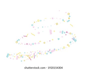 Memphis style geometric confetti vector background with triangle, circle, square shapes, chevron and wavy line ribbons. Minimal 90s style memphis crimson blue yellow party confetti falling on white.