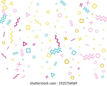 Memphis style geometric confetti vector background with triangle, circle, square shapes, chevron and wavy line ribbons. Vintage 90s style memphis magenta blue yellow confetti flying scatter on white.