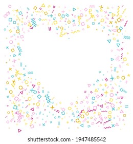 Memphis style geometric confetti vector background with triangle, circle, square shapes, zigzag and wavy line ribbons. Small 80s style bauhaus pink cyan yellow decor confetti falling on white.