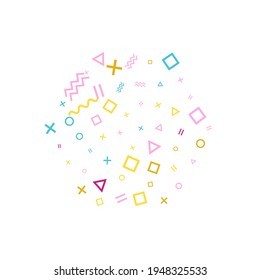 Memphis style geometric confetti vector background with triangle, circle, square shapes, chevron and wavy line ribbons. Flat 80s style bauhaus pink blue yellow decor confetti falling on white.