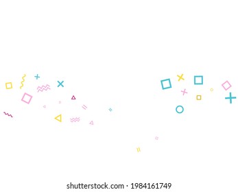 Memphis style geometric confetti vector background with triangle, circle, square shapes, zigzag and wavy line ribbons. Minimal 80s style bauhaus pink cyan yellow confetti flying scatter on white.