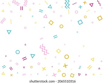 Memphis style geometric confetti vector background with triangle, circle, square shapes, zigzag and wavy line ribbons. Tech 90s style bauhaus crimson blue yellow party confetti falling on white.