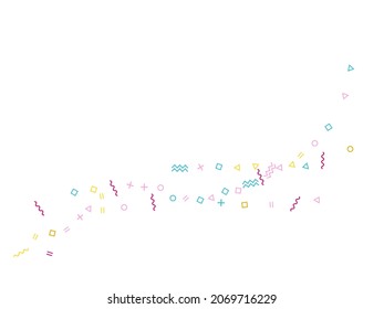 Estilo Memphis estilo confeti geométrico fondo vectorial con triángulo, círculo, formas cuadradas, trazo de chevron y líneas onduladas. Tinsel estilo de los años 90 bauhaus magenta decoración amarilla azul confetti volando sobre blanco.
