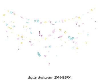Memphis style geometric confetti vector background with triangle, circle, square shapes, zigzag and wavy line ribbons. Hipster 90s style memphis pink blue gold confetti falling scatter on white.