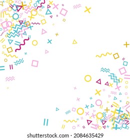 Memphis style geometric confetti vector background with triangle, circle, square shapes, chevron and wavy line ribbons. Festive 90s style bauhaus magenta blue yellow confetti falling scatter on white.