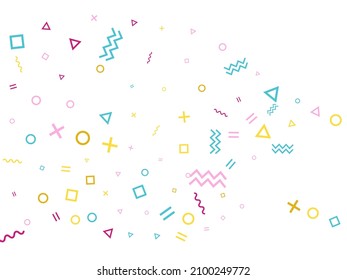 Memphis style geometric confetti vector background with triangle, circle, square shapes, zigzag and wavy line ribbons. Flat 90s style memphis pink cyan gold confetti falling scatter on white.