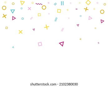 Memphis style geometric confetti vector background with triangle, circle, square shapes, chevron and wavy line ribbons. Modern 90s style bauhaus crimson blue yellow decor confetti flying on white.