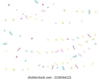 Memphis style geometric confetti vector background with triangle, circle, square shapes, zigzag and wavy line ribbons. Magic 90s style memphis magenta blue yellow party confetti falling on white.