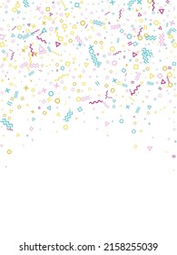 Memphis style geometric confetti vector background with triangle, circle, square shapes, zigzag and wavy line ribbons. Tinsel 90s style memphis pink cyan yellow decor confetti flying on white.