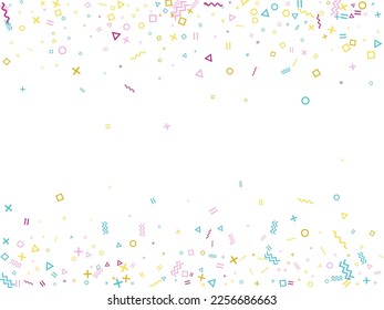 Memphis style geometric confetti vector background with triangle, circle, square shapes, zigzag and wavy line ribbons. Retro 80s style bauhaus crimson blue yellow decor confetti flying on white.