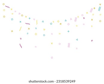 Memphis style geometric confetti vector background with triangle, circle, square shapes, zigzag and wavy line ribbons. Hipster 80s style bauhaus pink cyan gold decor confetti flying on white.