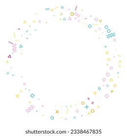 Memphis style geometric confetti vector background with triangle, circle, square shapes, zigzag and wavy line ribbons. Small 90s style memphis pink cyan gold party confetti falling on white.